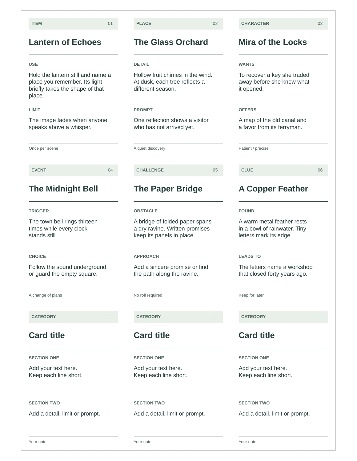Actual Grove reference-card sheet: six fictional items and three editable prompts